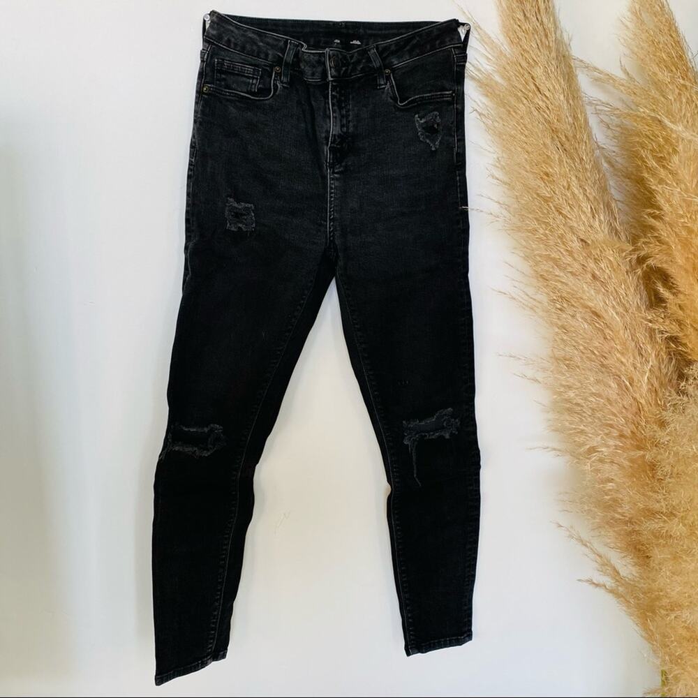 TOPSHOP Moto Washed Black Grey Denim Distressed Ripped High Rise Skinny Jeans 30 - Picture 2 of 12